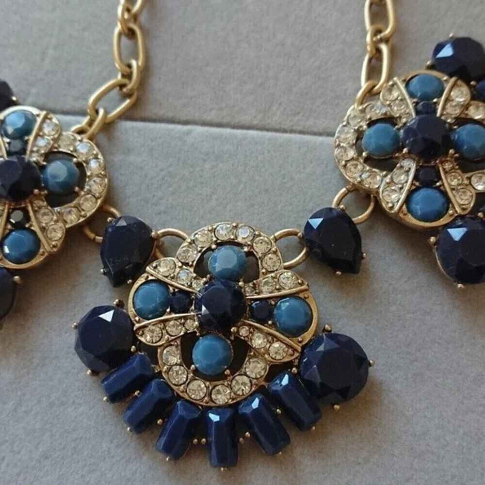 J. Crew Chunky Statement Gold Tone Blue & Clear Rhinestones Necklace